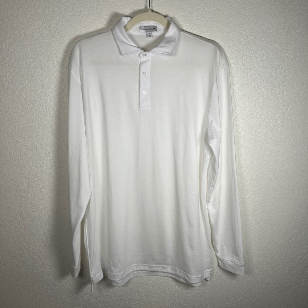 Peter Millar Mens White 100% Pima Cotton Long Sleeve Polo Shirt Size M Peru